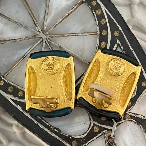 Vtg Givenchy Blue Green Lucite Gold-tone Clipons - Picture 3 of 13